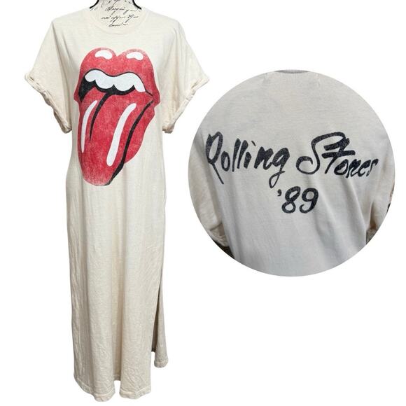 Daydreamer Free People Rolling Stones ‘89 Long T-shirt Dress Size S Cream Slit - Picture 1 of 10